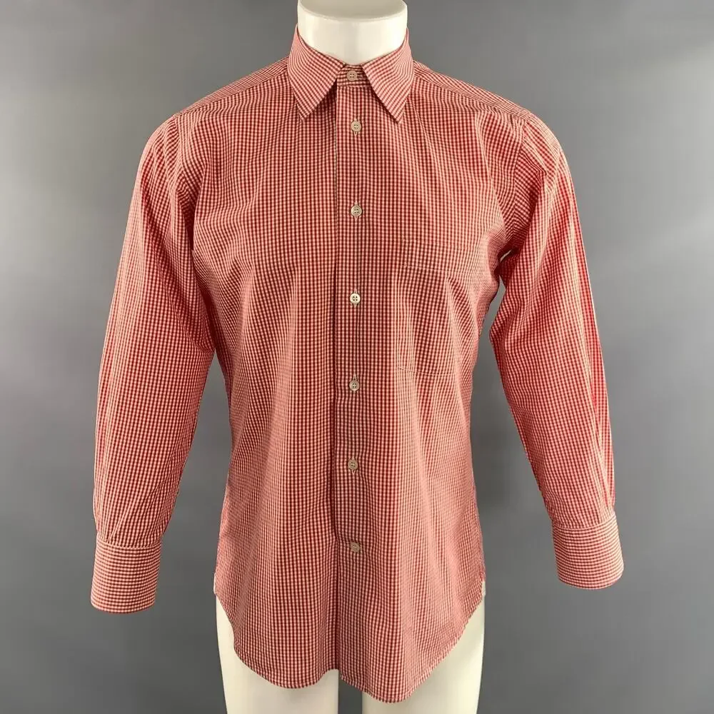 BRULI Size M Red White Gingham Cotton Pointed Collar Long Sleeve Shirt